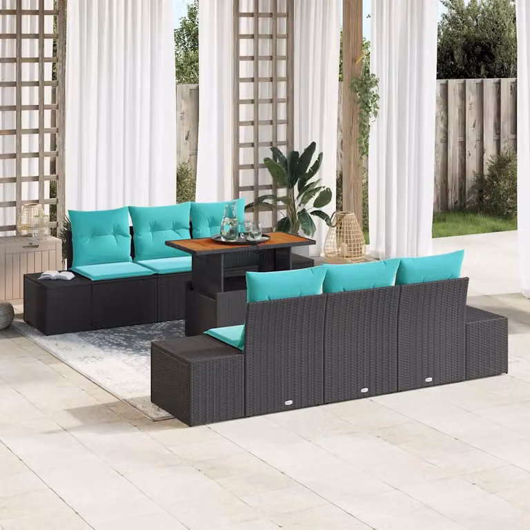 Set da pranzo per giardino e terrazzo vidaXL in polyrattan con tavolo in legno di acacia nero e turchese, 7 pezzi per 6 persone