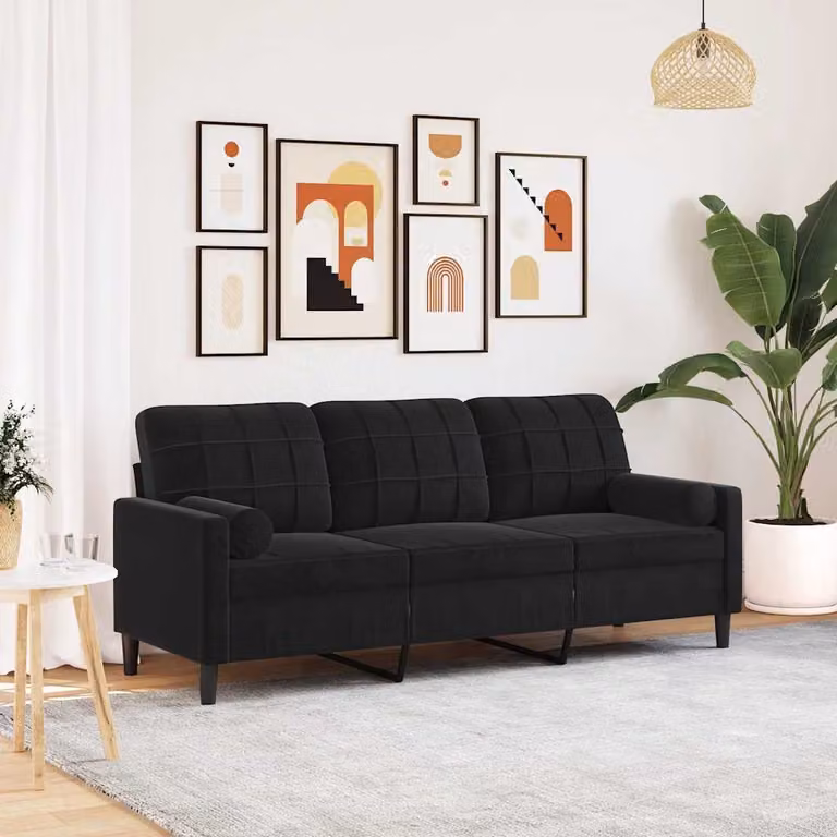 vidaXL Divano a 3 Posti Moderno in Velluto Nero con Cuscini e Coperture Rimovibili L: 197 cm, P: 80 cm, H: 77 cm