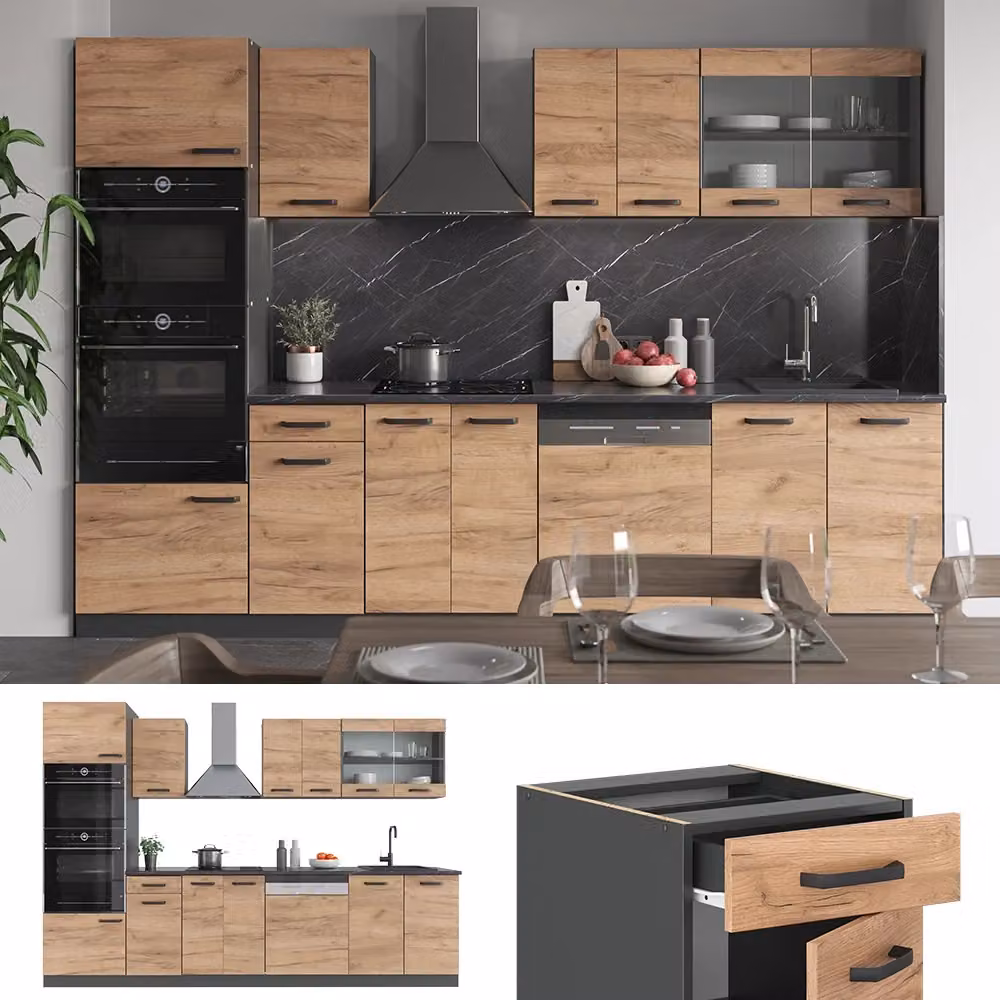 Cucina componibile moderna Vicco R-Line in rovere e antracite con armadio alto, larghezza: 300 cm – 2