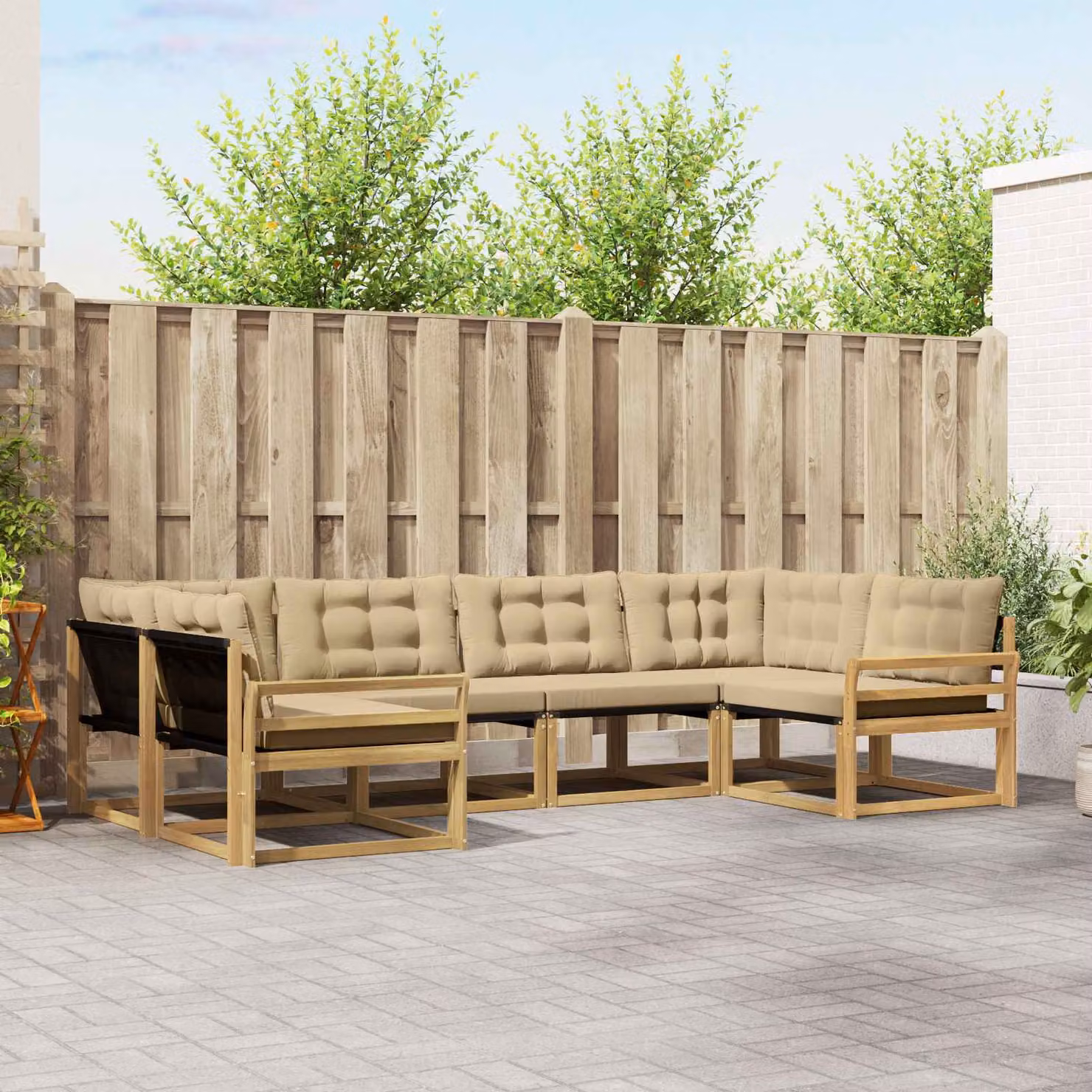 Set di divani da esterno vidaXL a forma di L composto da 6 pezzi in legno di acacia e tessuto textilene, colori bianco, beige e marrone, con cuscini inclusi