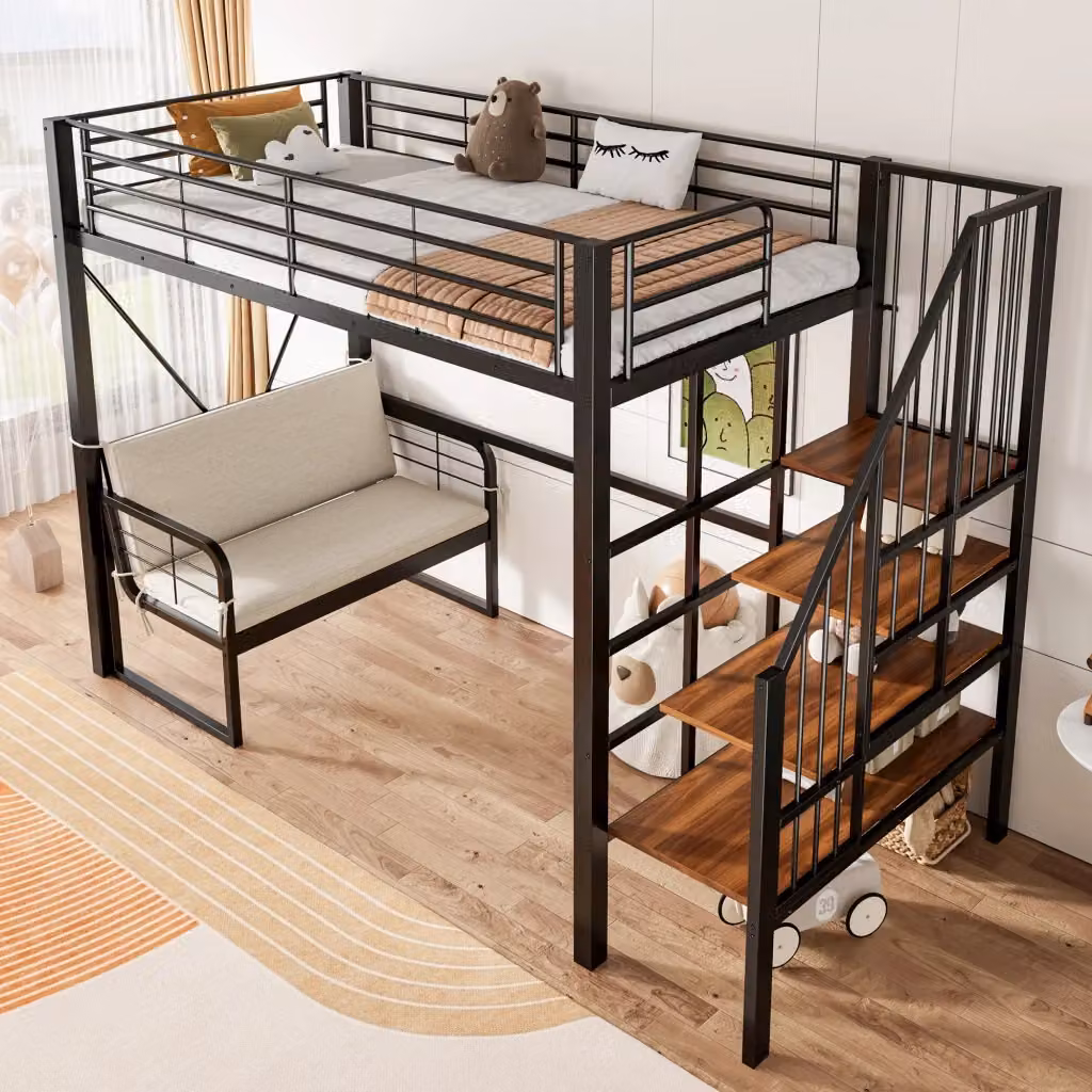Letto a castello moderno con scala contenitore e divano removibile in metallo e MDF, colore nero, L/P/H: 200 x 90 x 251,5 cm – 2