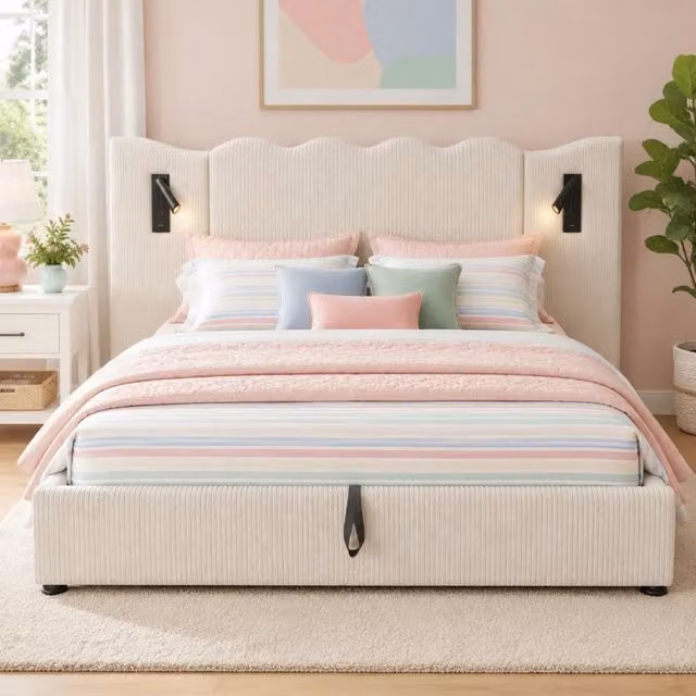 Letto matrimoniale 180x200 cm con contenitore idraulico; luce da lettura e porte USB-C; beige