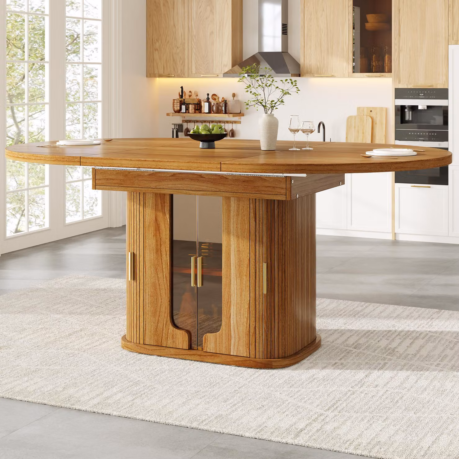 Tavolo da pranzo allungabile Flieks, fino a 6 posti, tavolo da cucina 118-158 x 118 x 77 cm, tavolo da pranzo con ante in vetro, noce