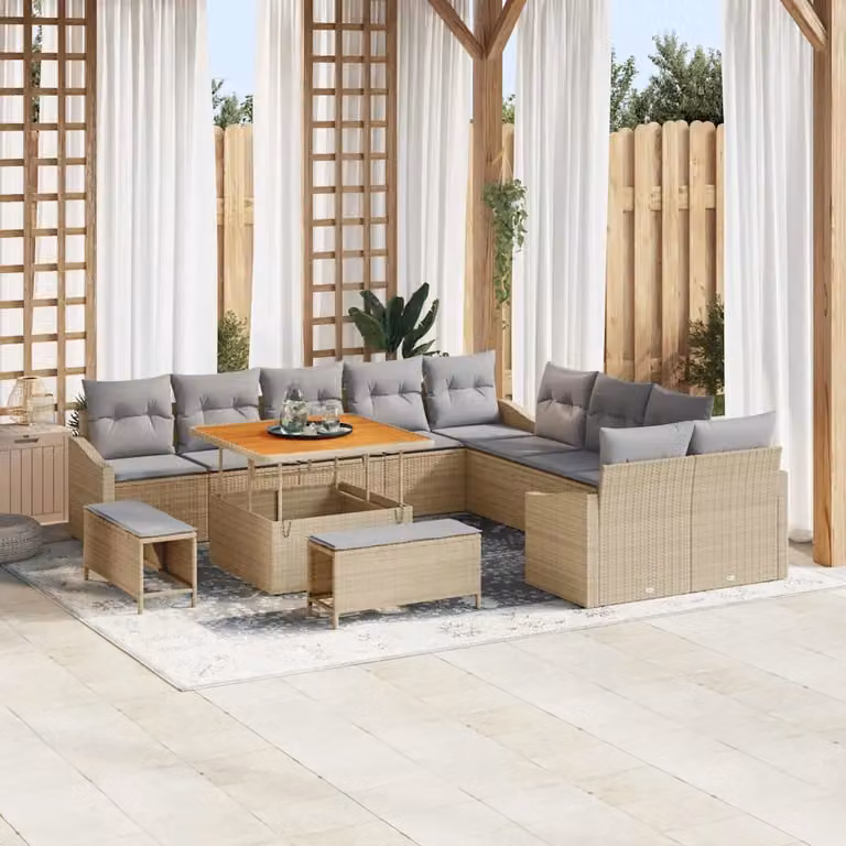 Set Divano da Giardino vidaXL in Polyrattan Beige con Cuscini e Tavolino da 13 Pezzi