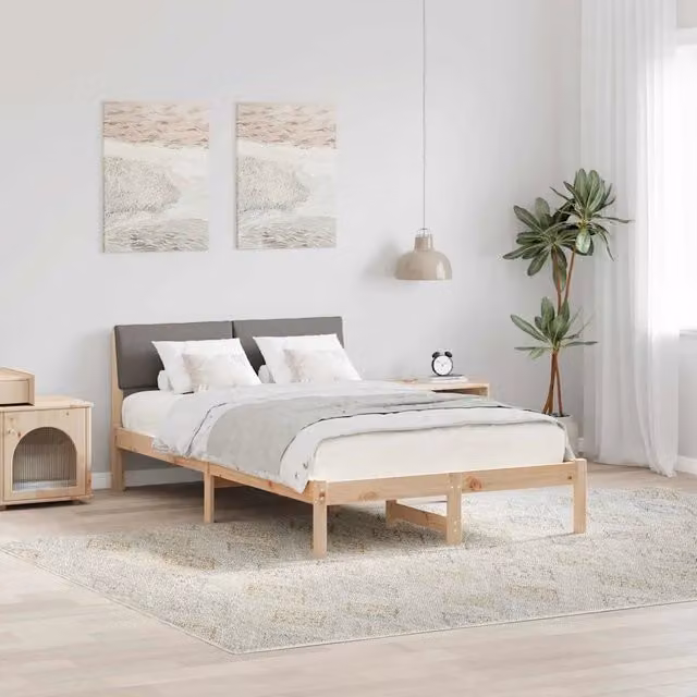 Letto moderno vidaXL in legno di pino con testiera in tessuto marrone e grigio L/P/H: 120 x 200 x 87,5 cm – 1