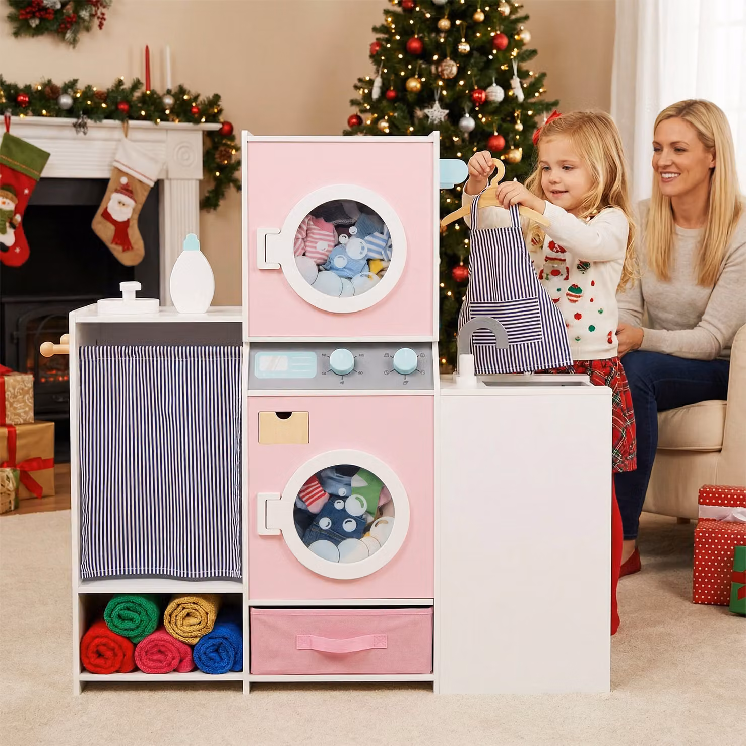 Set gioco lavanderia in legno Costway per bambini con lavatrice, ferro da stiro e accessori rosa