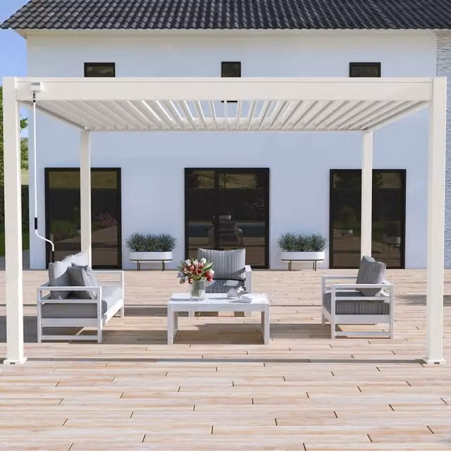 Pergola bioclimatica autoportante Ombréa VS Bianco con tenda da 4M