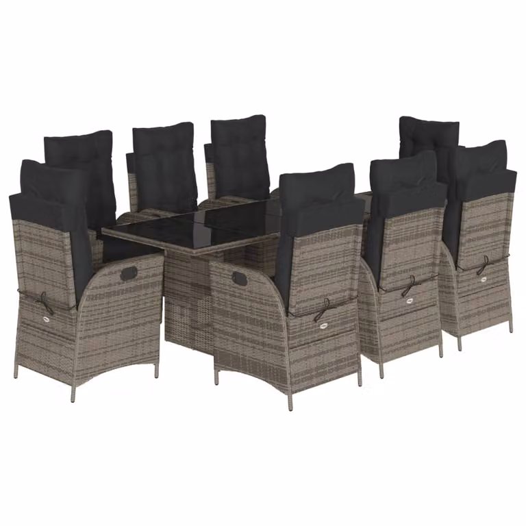Set da Pranzo da Giardino 9 pz con Cuscini in Polyrattan Grigio