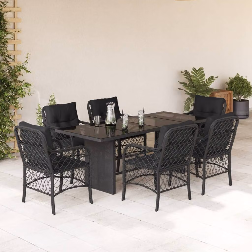 Set da Pranzo da Giardino vidaXL 7 pz in Polyrattan Nero con Cuscini e Tavolo in Vetro – 1