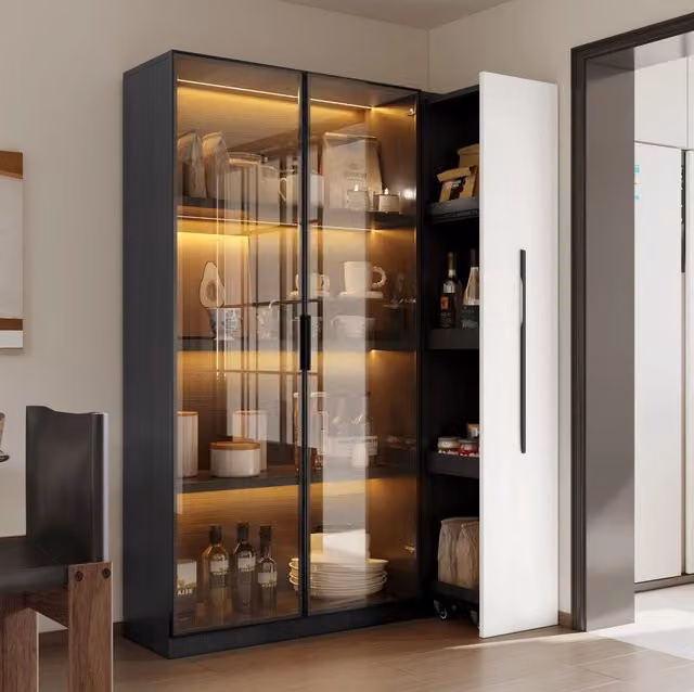 Mobile libreria con vetrina LED 110,5×35×160 cm, bianco/nero