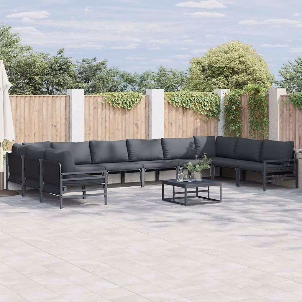 Set Divano da Giardino Moderno vidaXL 10 Pezzi con Angolare, Tavolino e Cuscini Imbottiti in Acciaio Antracite e Nero