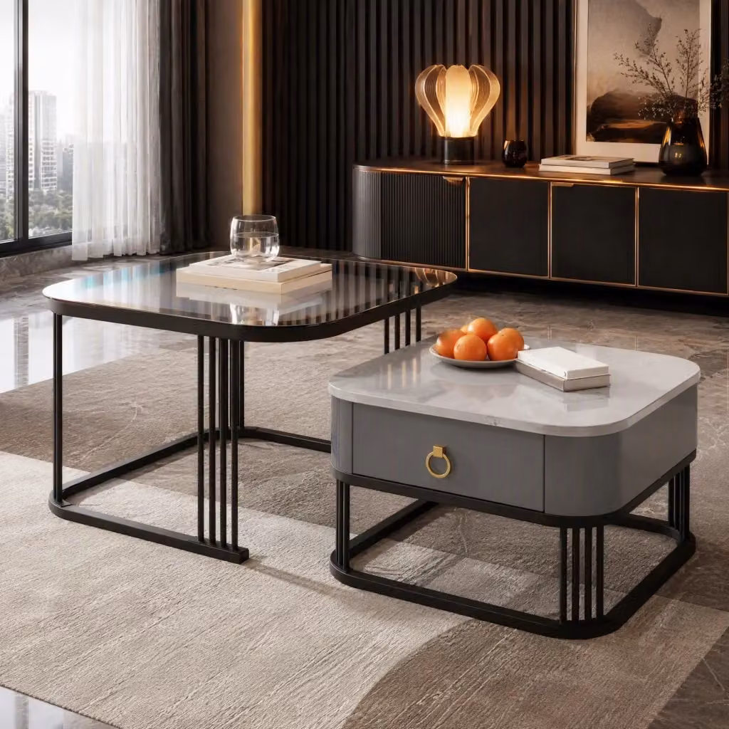 Tavolino da salotto modulare MODFU composto da 2 pezzi con piano in vetro e finitura effetto marmo astratto lucido, struttura in metallo e MDF, disponibile in nero, bianco o oro – 2