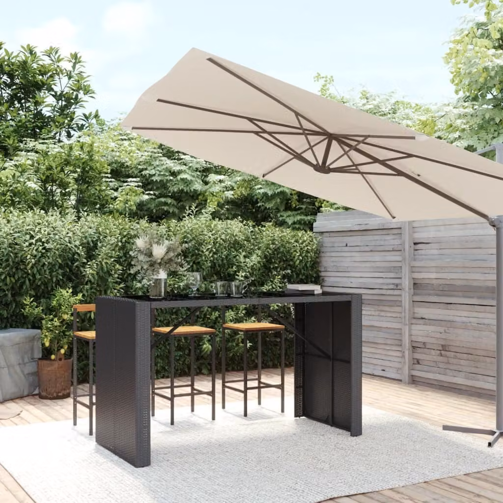 The Living Store Tavolo da bar con piano in vetro nero 185x80x110 cm in poly rattan
