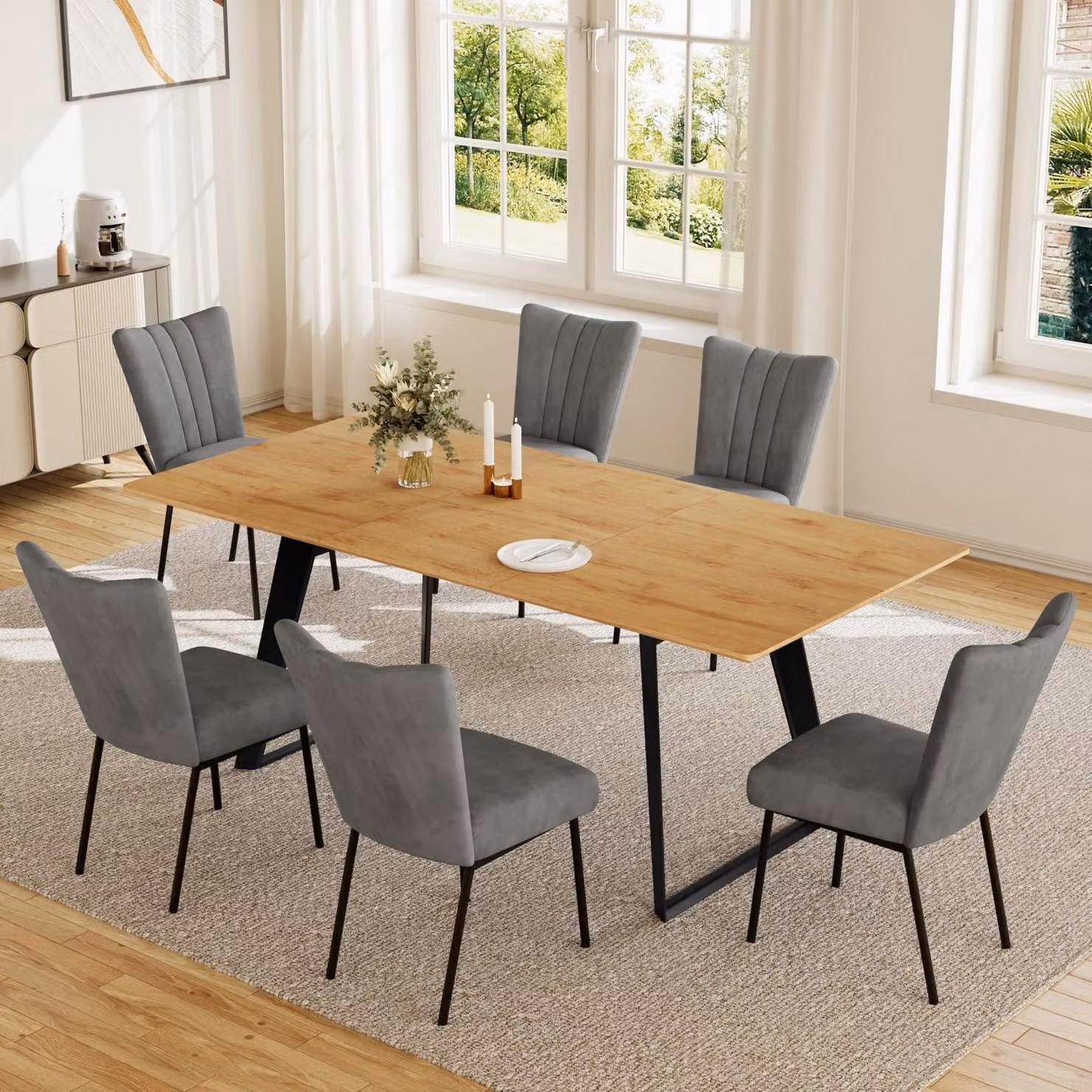 Set da pranzo con tavolo allungabile da 130-170 cm, completo di 6 sedie, con finitura effetto legno MDF, struttura in metallo grigio