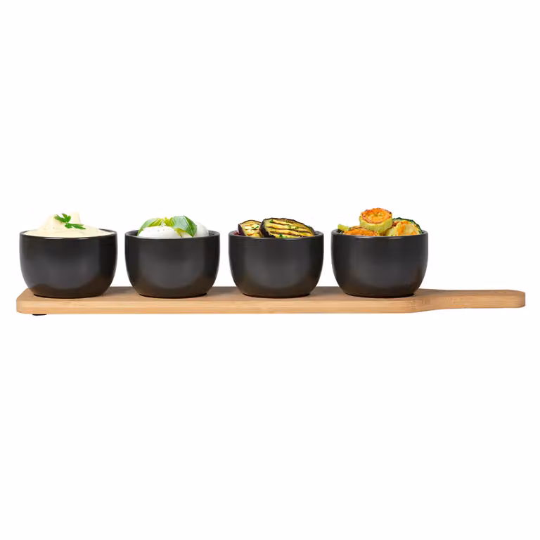 GUSTO CASA Set Antipastiera composto da 4 ciotole in ceramica nera con base in bamboo