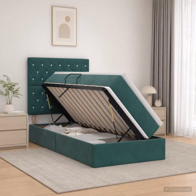Letto con contenitore vidaXL in velluto verde scuro con illuminazione LED, porta USB e materasso in schiuma, L/P/H: 90 x 200 x 128 cm
