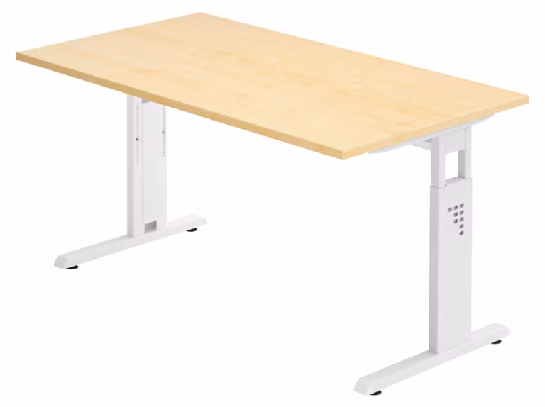 Scrivania della serie "O" di bümö: piano in impiallacciatura di acero, struttura in bianco, dimensioni: 140 x 80 cm