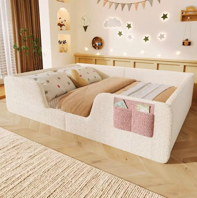 Letto imbottito per bambini 140 x 190 cm in velluto beige con sponde di sicurezza rimovibili e tasca integrata