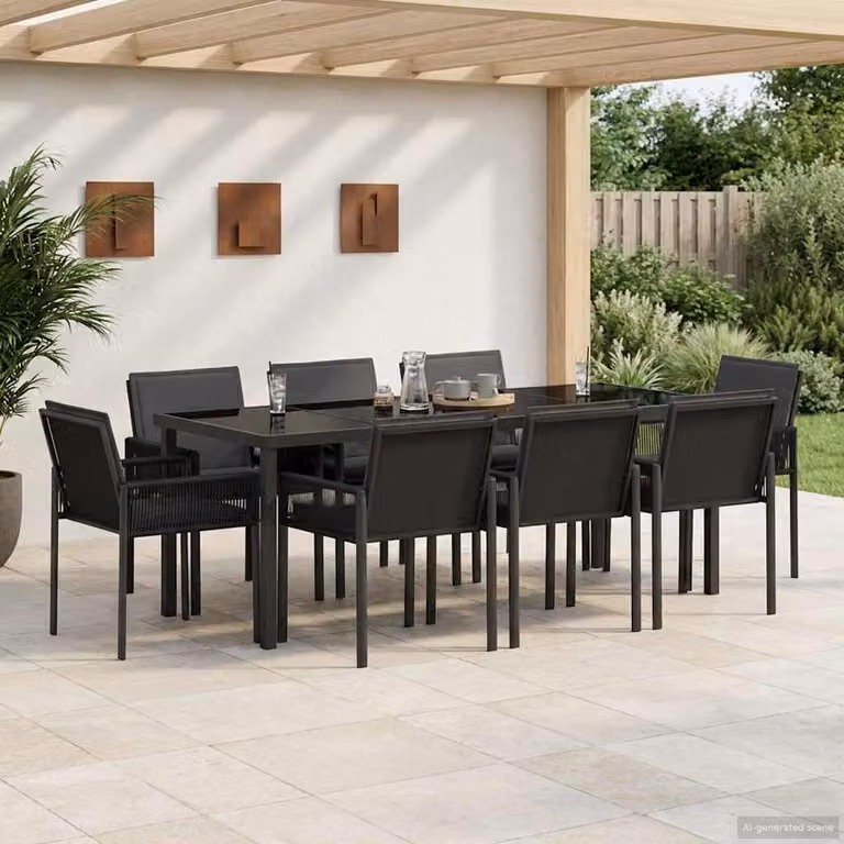 Set da pranzo per giardino e terrazzo vidaXL in polyrattan nero con tavolo in vetro, 9 pezzi