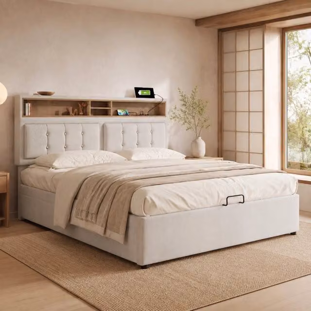 Letto con contenitore 160 × 200 cm con prese USB e Type-C testiera regolabile rivestito in lino beige