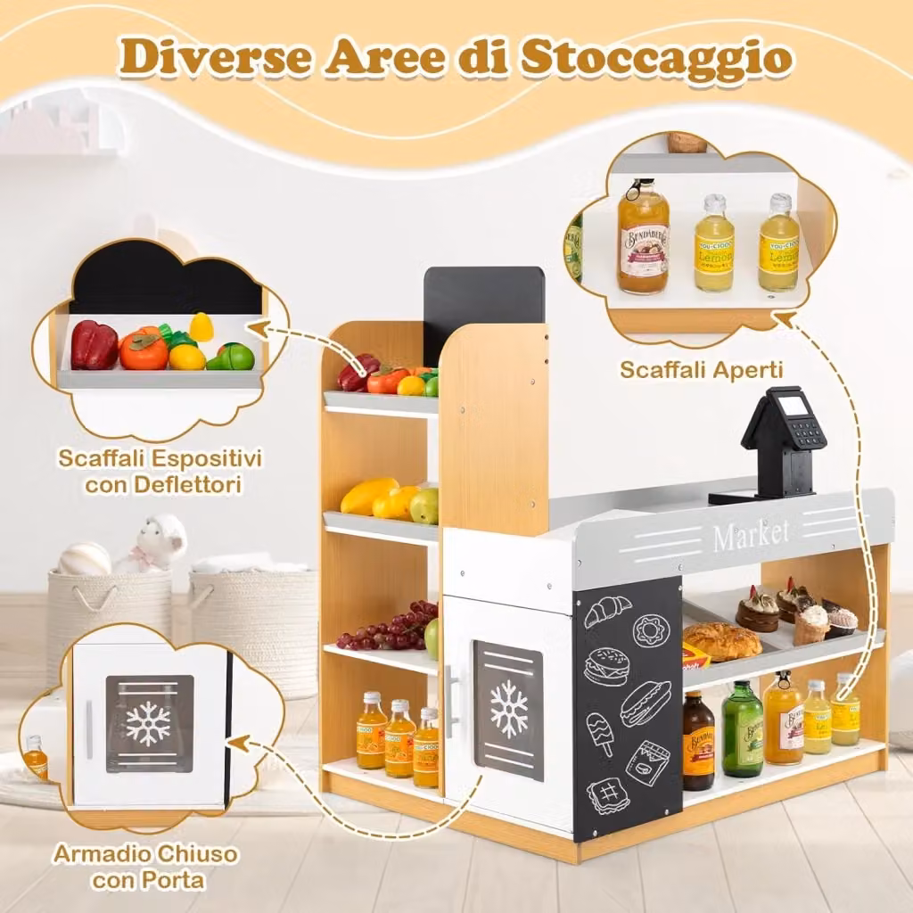 Set da Gioco Supermercato Costway in Legno Multicolore con Banco, Carrello della Spesa, Lavagne e Registratore di Cassa – 2