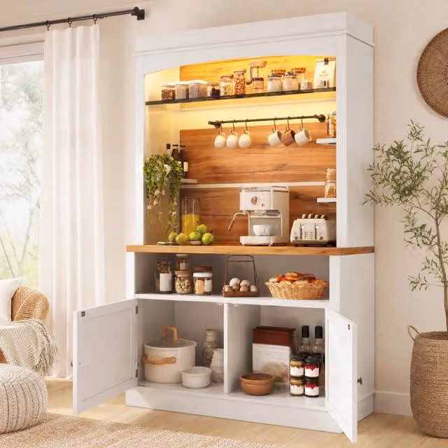 Credenza da cucina alta con ripiani laterali in vetro, 6 ganci e illuminazione RGB, MDF bianco, 107 × 34 × 184 cm