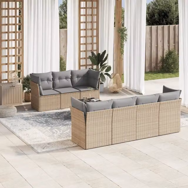 vidaXL Set Divano da Giardino 8 pz a Forma di L in Polyrattan con Cuscini Beige e Tavolino da Esterno – 1