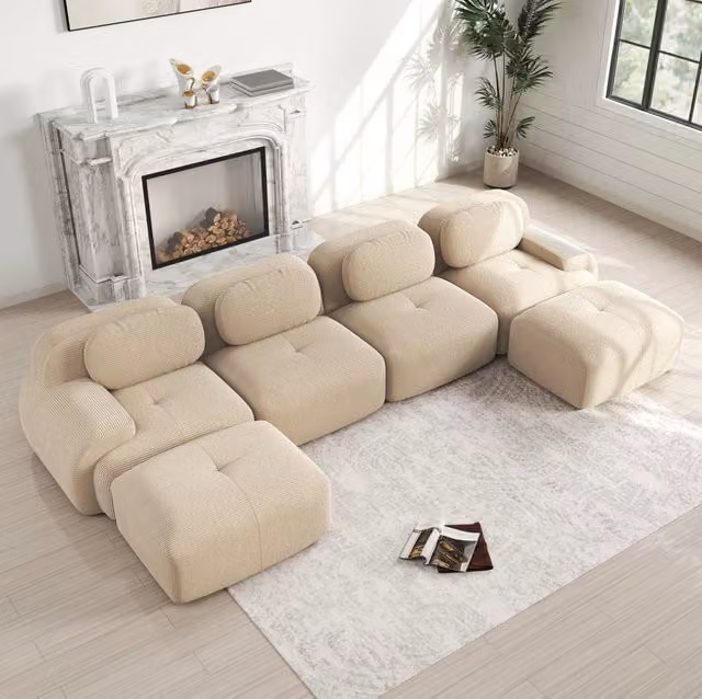Divano angolare modulare senza montaggio in velluto a coste beige con imbottitura 32D