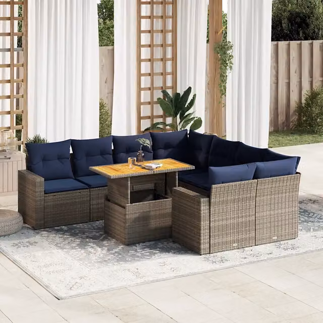 Set Divano da Giardino 9 pz con Cuscini Grigio in Polyrattan 3327022