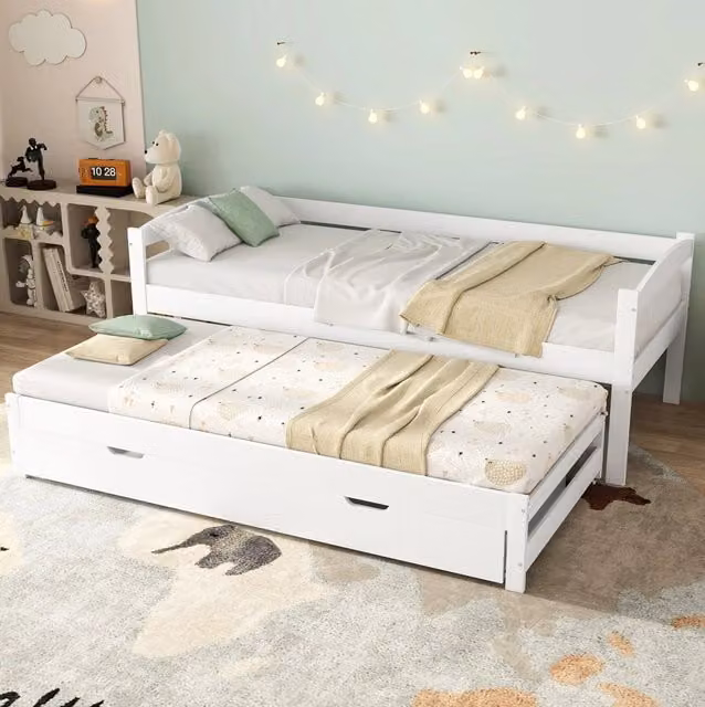 Letto da giorno in legno massello con letto estraibile; 2 cassetti MDF; bianco 205x94;5x70 cm