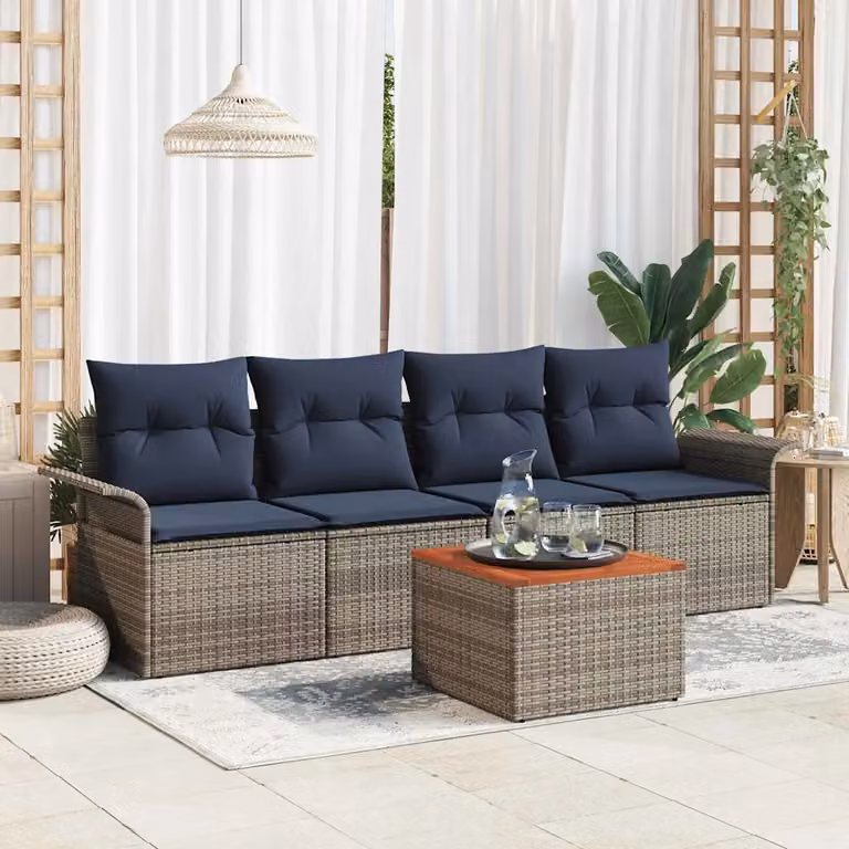 Set da giardino vidaXL composto da 5 pezzi in rattan con cuscini imbottiti e struttura in acciaio, colore grigio e blu