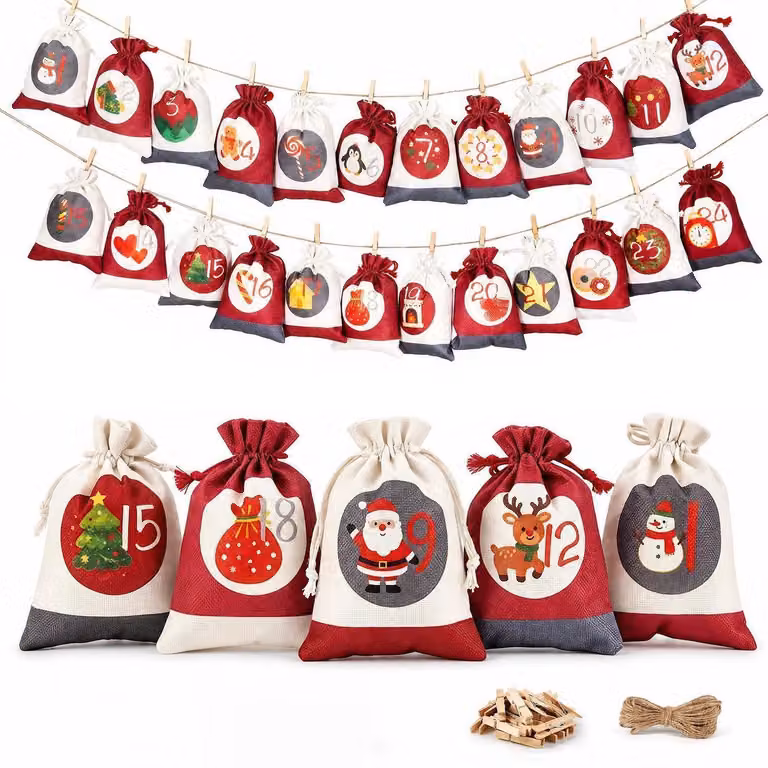 Calendario dell'Avvento da riempire per il 2026, calendario di Natale 18x13 cm, grande formato, sacchetti in tessuto/iuta, sacchetti regalo per bambini, donne e uomini, colore: rosso, beige e grigio