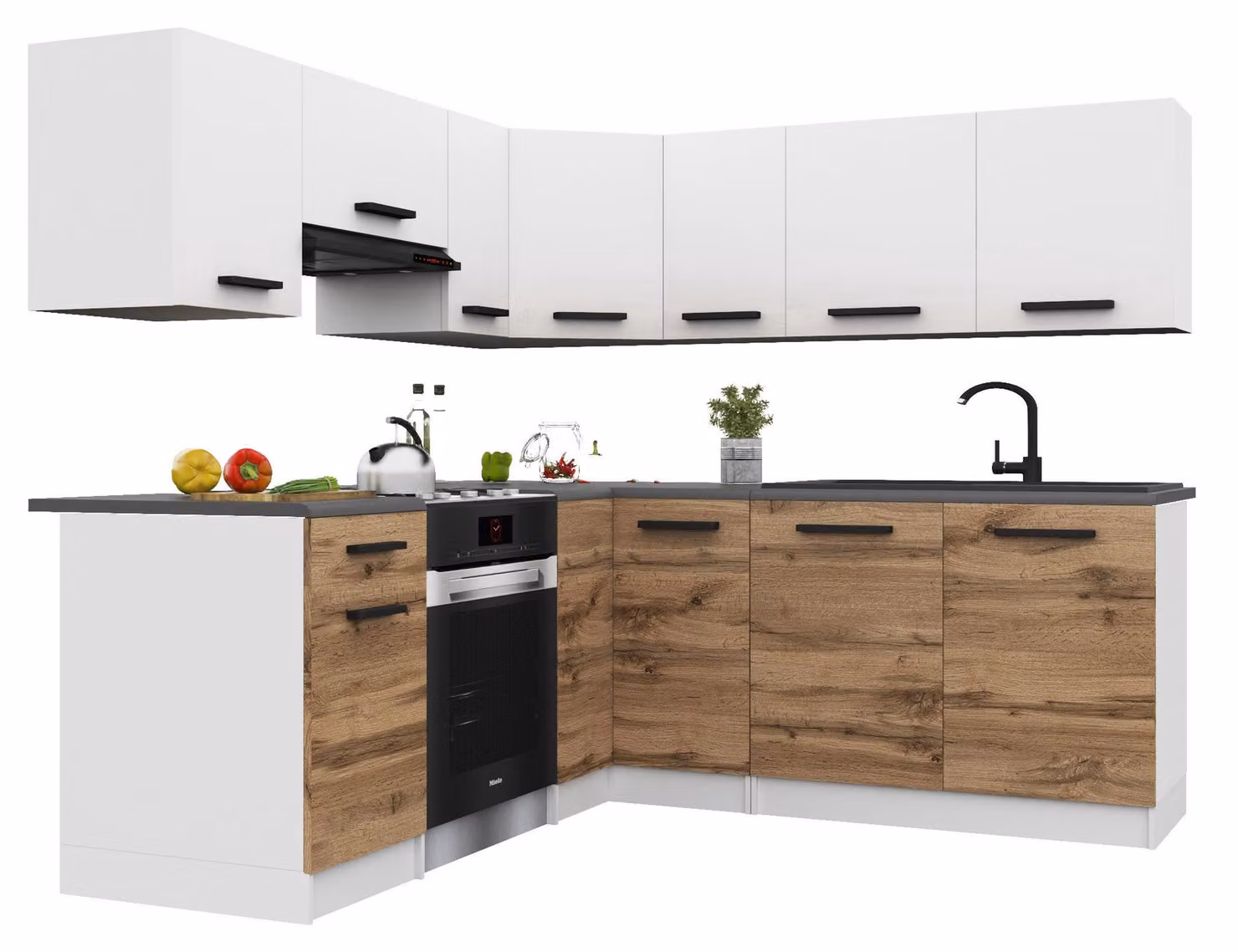 Belini - Angolo cottura moderno ITALIA 6 - Mobili da cucina 360 cm bianco-marrone dorato opaco - Cucina componibile con pensili, mobili base e piani di lavoro