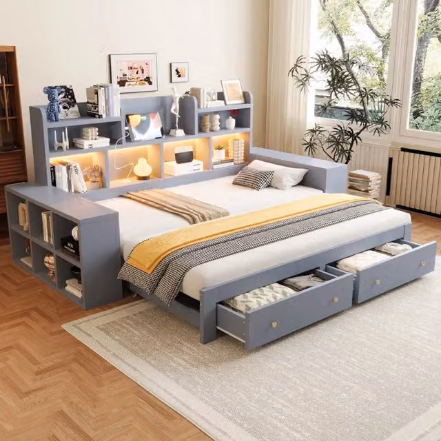 Divano letto estraibile da 90x200 a 180x200 cm; MDF e compensato grigio; con cassetti; vani; LED e presa elettrica