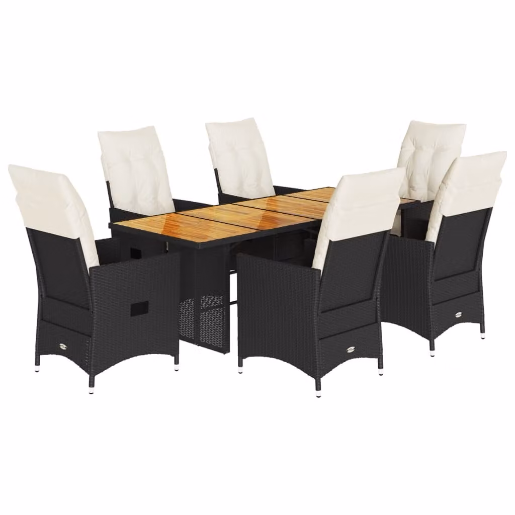 Set da Pranzo da Giardino 7 pz Nero con Cuscini in Polyrattan