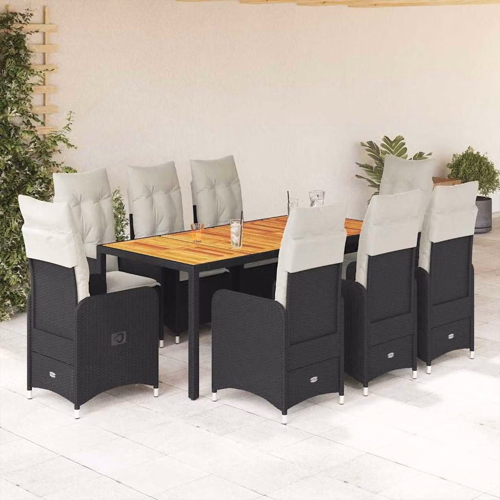 Set Bistrò da Giardino vidaXL 9 pz in Polyrattan e Legno di Acacia Nero e Bianco – 1