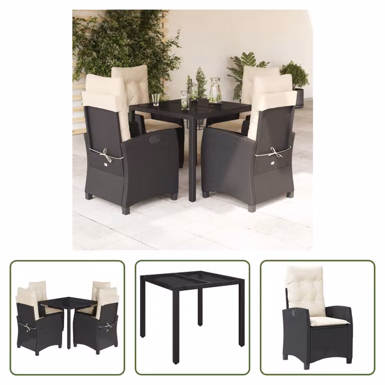 The Living Store Set da pranzo da giardino 5 pezzi con cuscini in poly rattan nero