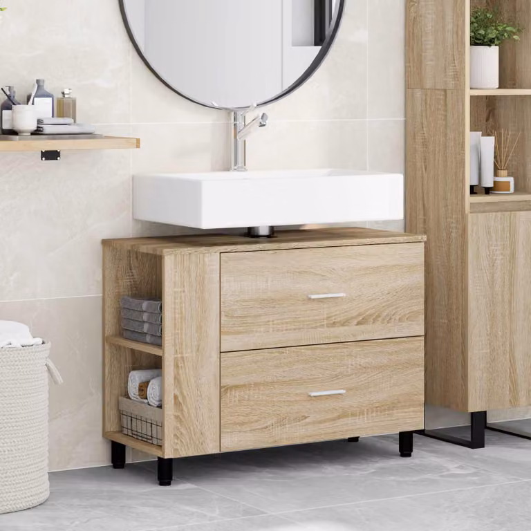 Mobiletto da bagno moderno vidaXL in legno e metallo marrone con ripiani interni e cassetti L/P/H: 80 x 35 x 60 cm