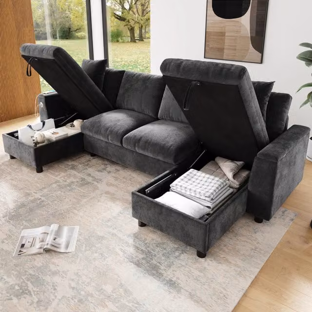 Divano a U con chaise longue e vano contenitore, 1 USB e 1 Type-C, in chenille grigio 279 × 135 × 84 cm