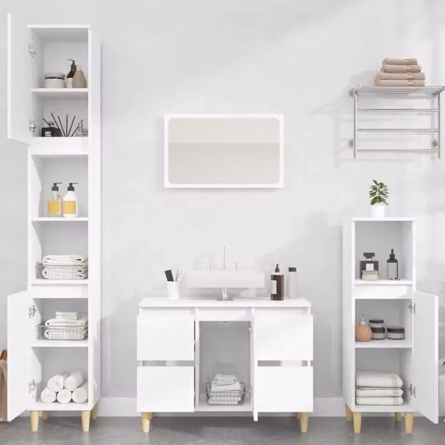 Set di mobili da bagno moderno vidaXL in legno bianco composto da 3 pezzi con base lavabo e armadio alto a parete