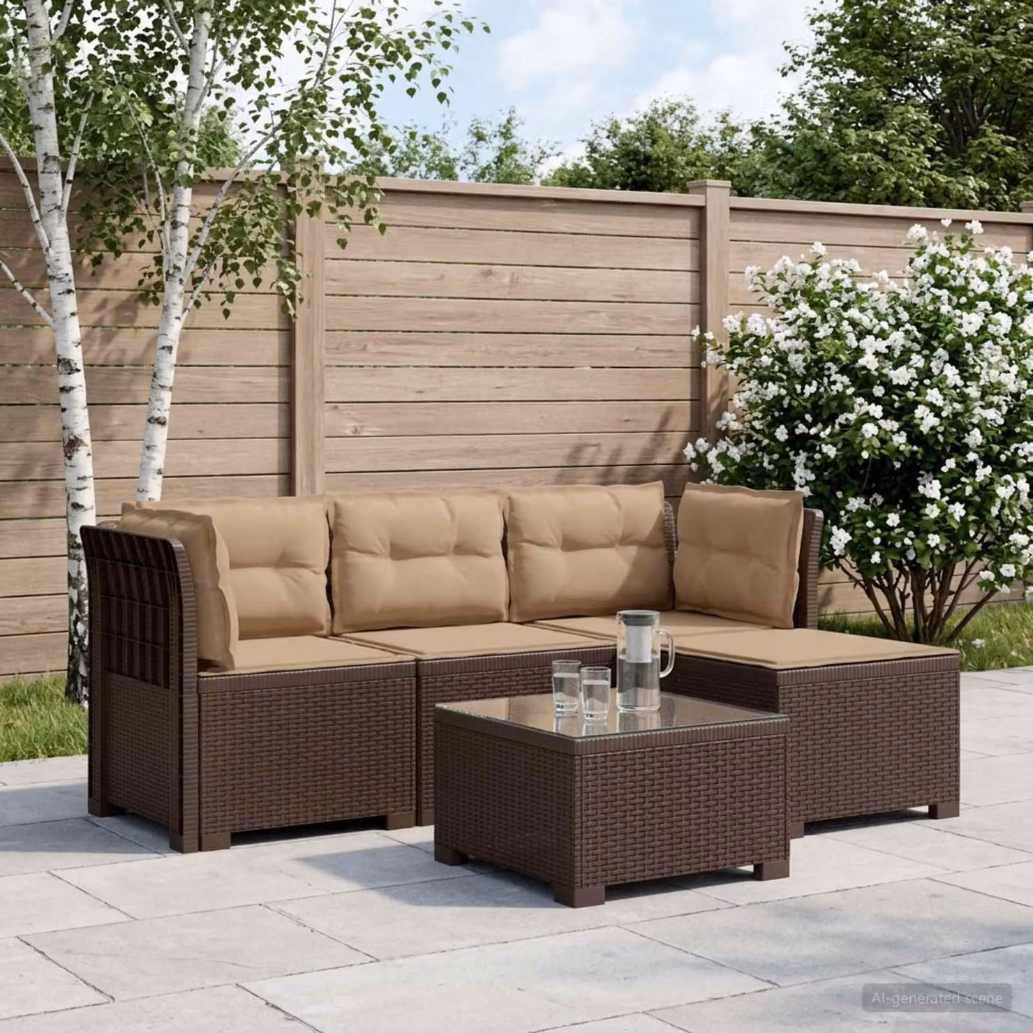 Divano da giardino angolo vidaXL 4 posti in polyrattan marrone con cuscini imbottiti e coperture rimovibili