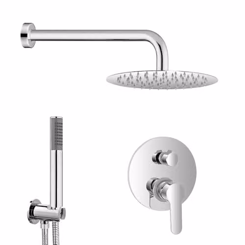 Set doccia a incasso con deviatore in ottone, braccio 35 cm, soffione tondo 25 cm in acciaio inox e kit doccia completo, ZOE