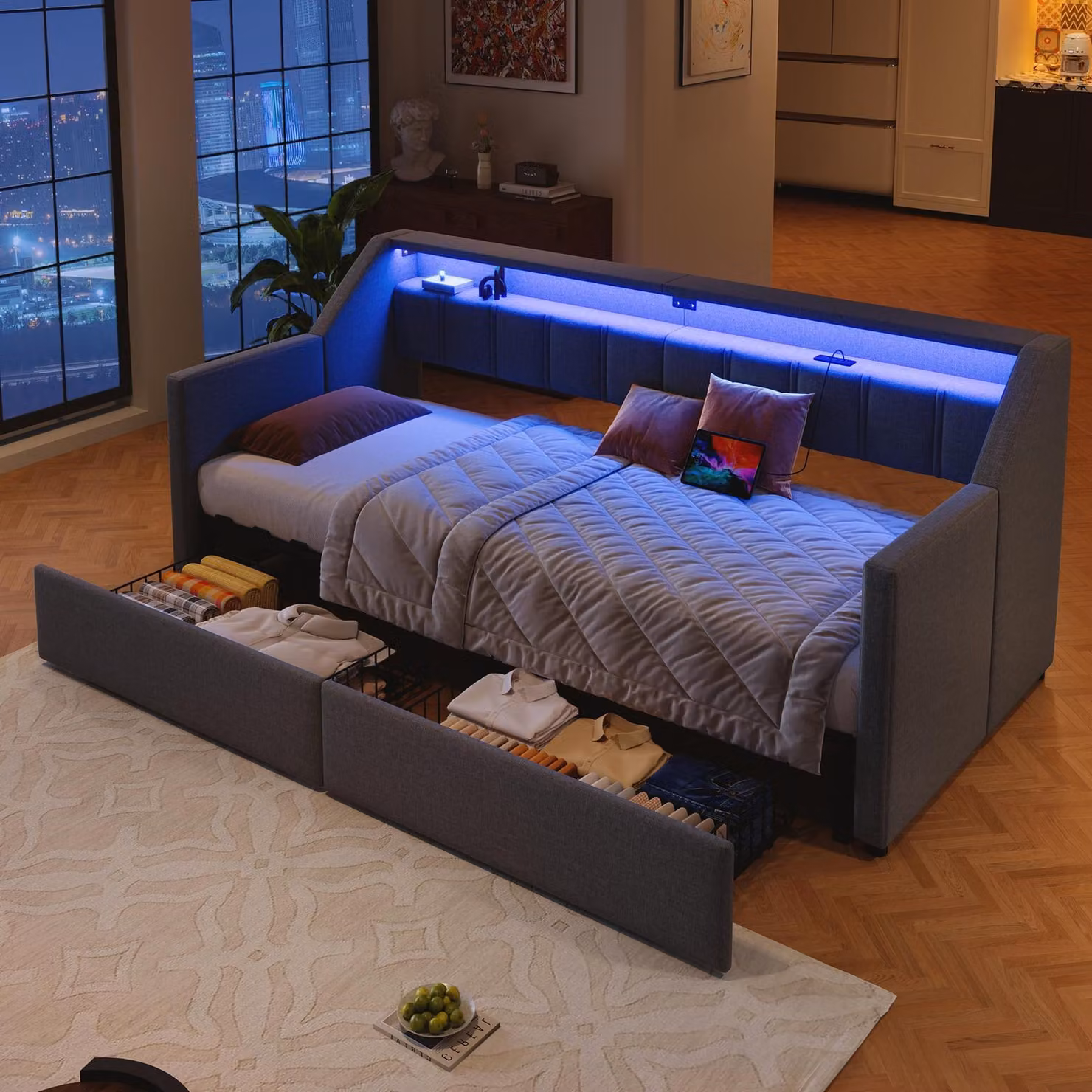 okwish Divano letto con letto estraibile 90×200, letto da giorno con 2 cassetti e 2 tasche portaoggetti, letto da giorno con illuminazione LED e USB + Type-C, senza materasso, grigio