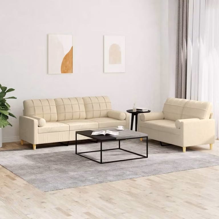 Set di 2 divani vidaXL moderni in tessuto beige con cuscini e struttura in metallo e MDF