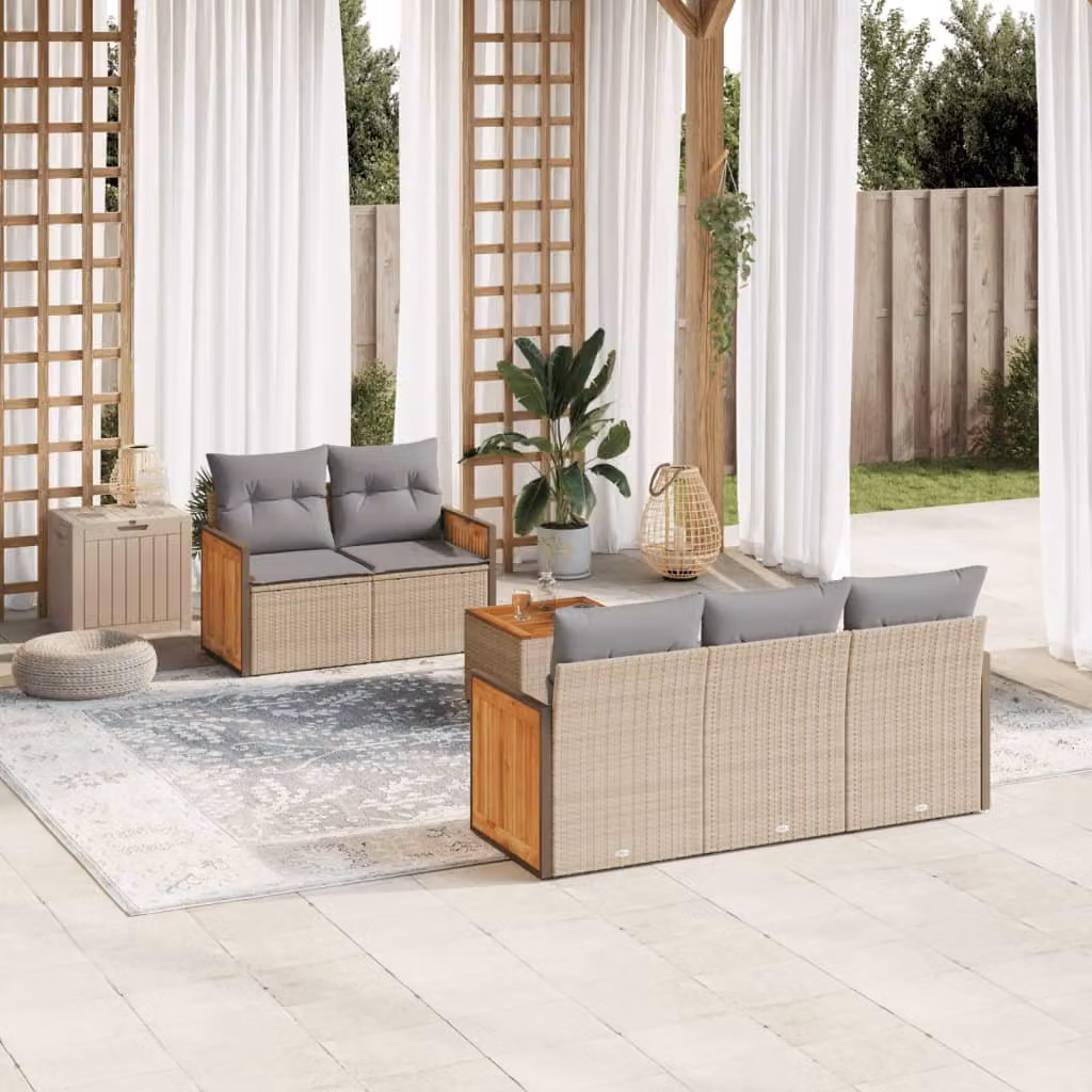 vidaXL Set Divano da Giardino 6 pz in Polyrattan con Cuscini Beige e Rivestimenti Rimovibili – 1