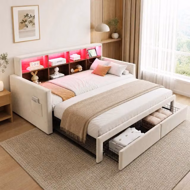 Divano letto imbottito estraibile 90 x 190 cm con LED; prese e 2 cassetti; velluto beige