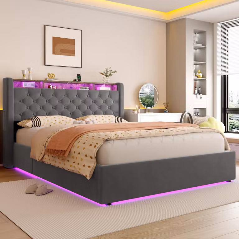 okwish Letto imbottito 140×200 con presa elettrica e illuminazione a LED, letto matrimoniale con testiera contenitiva, letto per studenti, grigio scuro, materasso escluso