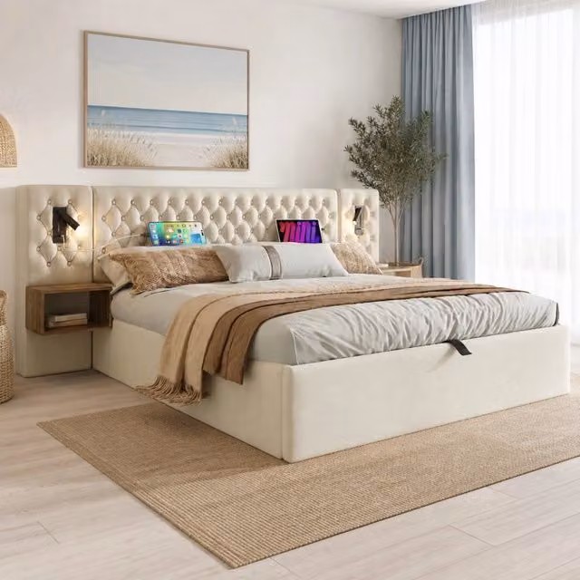 Letto matrimoniale imbottito beige 160x200 cm con contenitore idraulico, comodini e luci lettura con USB e Type-C