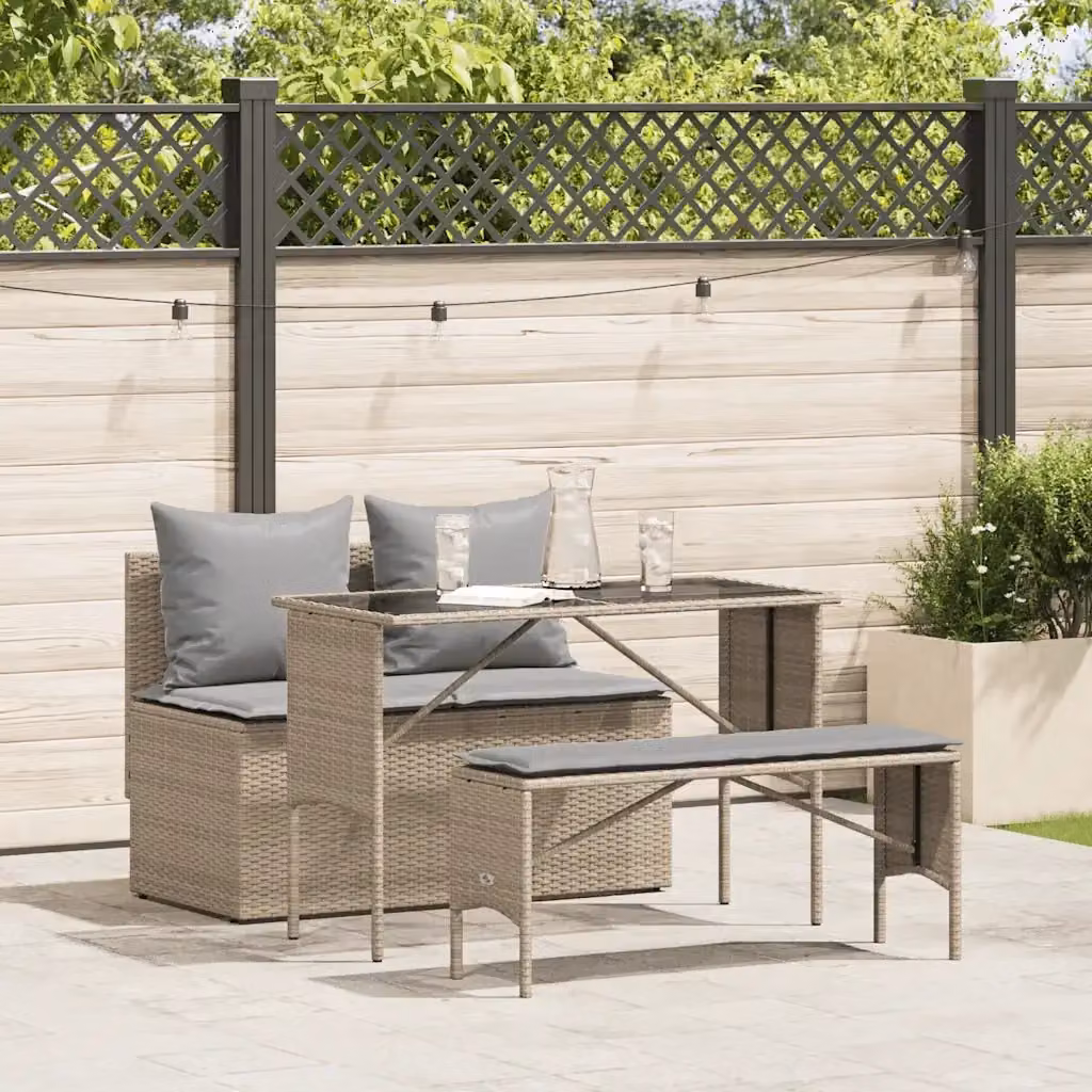 Set da Pranzo da Giardino 3 Pezzi in Polyrattan con Piano in Vetro e Cuscini Beige e Grigio – 2