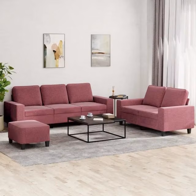 Set di divani moderno vidaXL in tessuto rosso composto da divano a 3 posti, divano a 2 posti e pouf con cuscini inclusi – 1